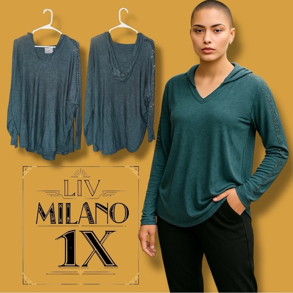 LIV Milano Hoodie Sweater Teal Embellished Pullover V-neck Women’s Plus Size 1X - Picture 11 of 16